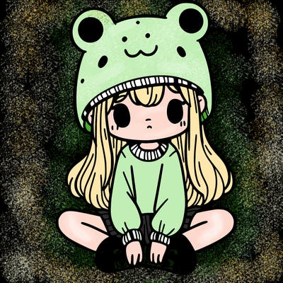 a girl wearing a frog hat and some frog socks