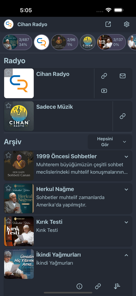 Cihan Radyo - The Cihan Radyo mobile application main screen showcasing radio channels and cultural archive categories.