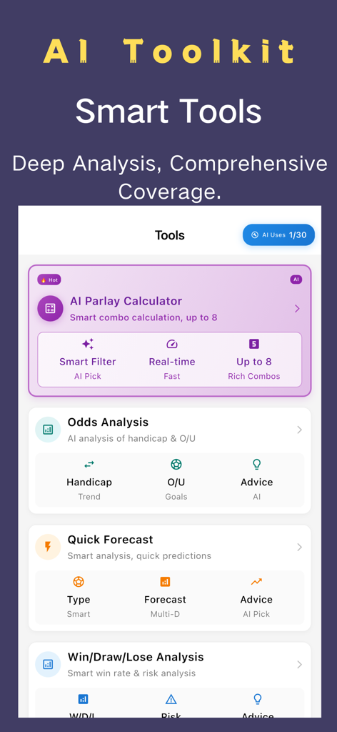 AI Ball Predictions & Tips - Screenshot of AI Ball Predictions app showing smart tools for parlay calculation and odds analysis.