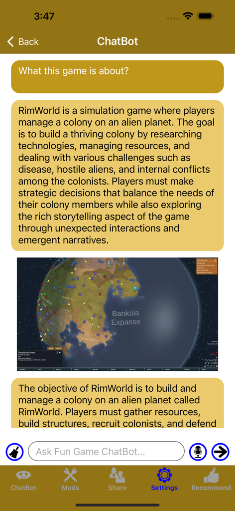 RimW - Game Mods (RW, Rim) - RimWアプリ内のAIチャットボットインターフェースで、RimWorldゲームプレイに関する情報を提供
