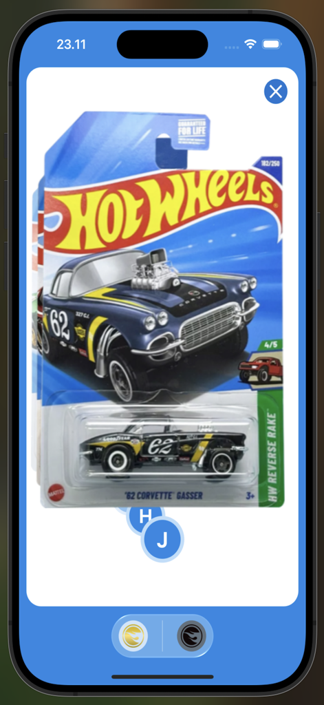 Hot Wheels Treasure Hunt Info - Visão detalhada de um 62 Corvette Gasser no aplicativo Hot Wheels Treasure Hunt Info.