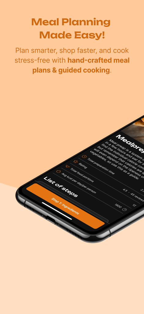 Mealpreper Guide: Plan & Cook! - iPhone exibindo a aplicação Mealpreper Guide com passos de planeamento de refeições e informações nutricionais