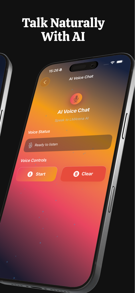 Interfaz de chat de voz de LMArena AI Mobile mostrando la función de interacción natural de voz a voz para productividad manos libres.