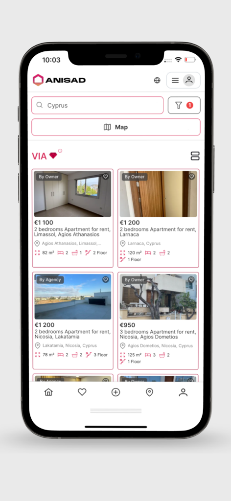 ANISAD - Ecrã da aplicação móvel ANISAD mostrando imóveis no Chipre