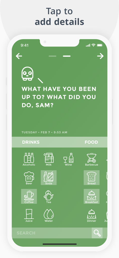 Moodistory app interface showing icons for tracking food and drink activities