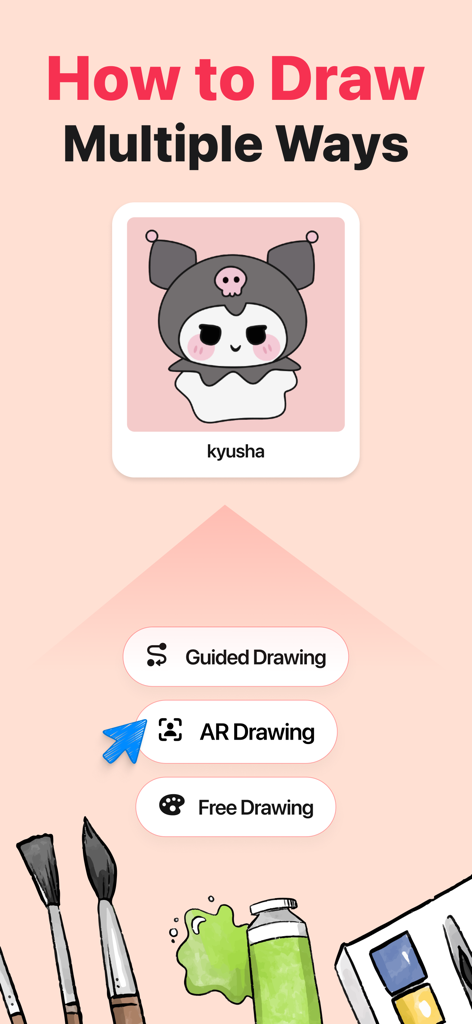ArtLoop: Learn How to Draw - Interface of the ArtLoop app showing three drawing options Guided Drawing AR Drawing and Free Drawing