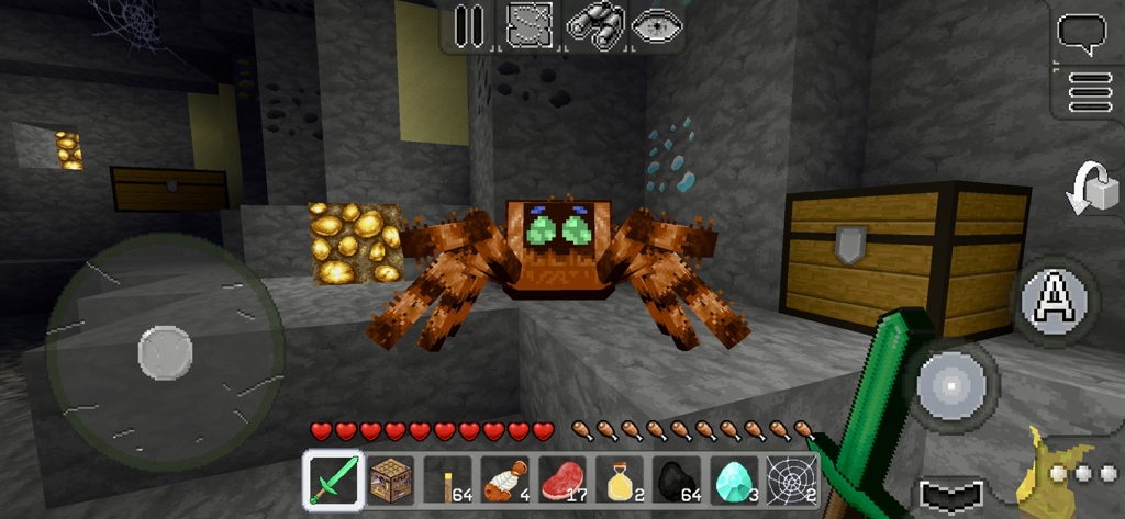 MultiCraft — Build and Mine! - A first-person view in MultiCraft showing a player with a green sword facing a giant blocky spider in a cave.