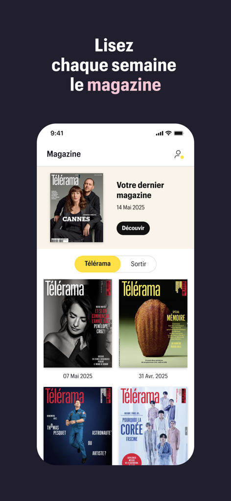 Télérama : culture, tv, cinéma - Interface of the Télérama app showing a collection of weekly magazine covers.