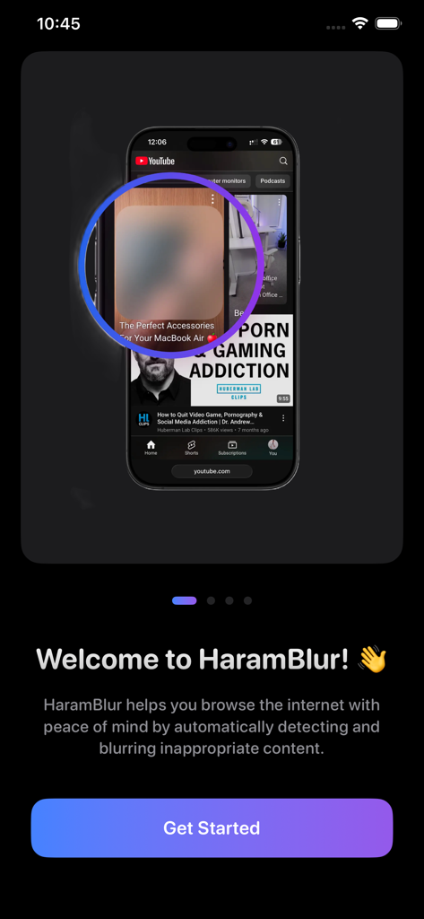 Pantalla de bienvenida de HaramBlur mostrando una ilustración de smartphone con contenido difuminado y un botón de Empezar