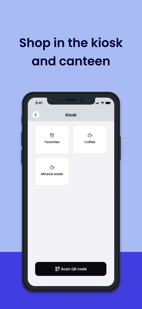 オフィスビル内のキオスクや社員食堂でのショッピングのためのIzyアプリインターフェース。