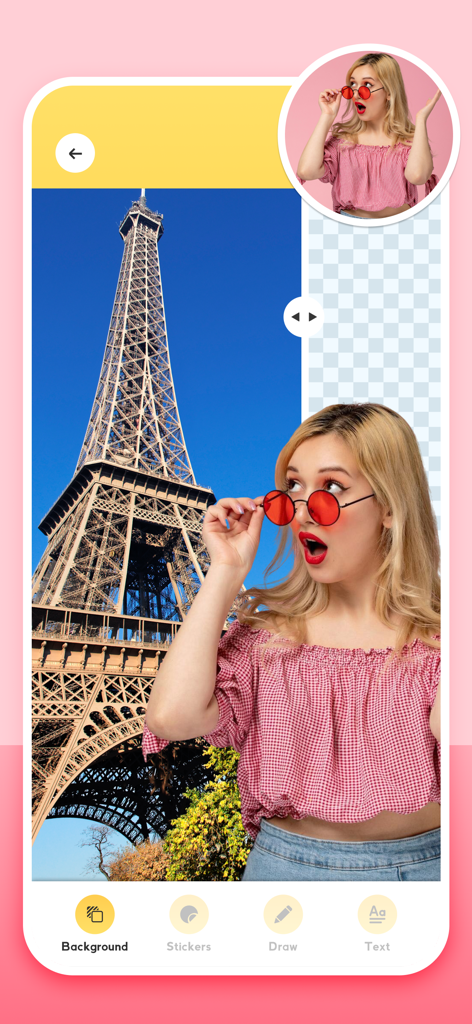 Cut Paste – Erase Background - A photo editing app interface showing a woman being cut out and pasted onto a background with the Eiffel Tower.