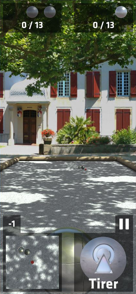 La pétanque - Mobile gameplay of La petanque showing boules on a gravel pitch with a French building background