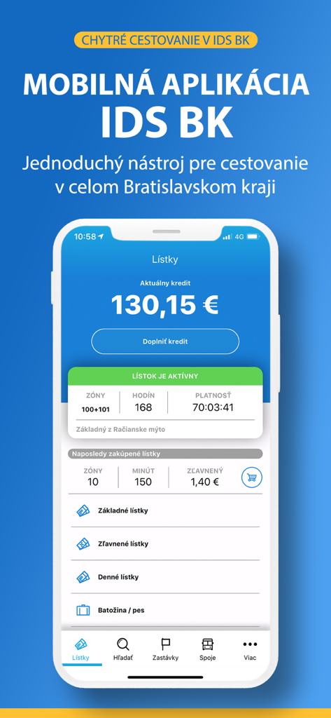 IDS BK  Cestujeme jednoduchšie - User interface of the IDS BK mobile app showing public transport ticket options and credit balance for Bratislava.