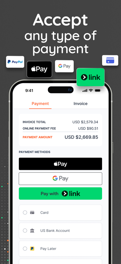 Mobile app screen showing multiple payment options like Apple Pay Google Pay and credit cards for a professional invoice