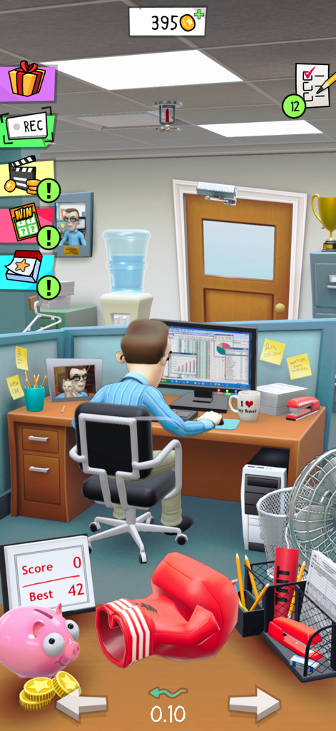 A gameplay screenshot of Office Jerk showing a man working at his desk in a cubicle with a large red boxing glove in the foreground.