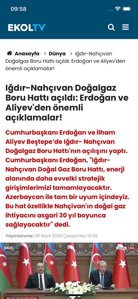Ekol TV - The Ekol TV mobile app interface showing a Turkish news article with presidents Erdogan and Aliyev