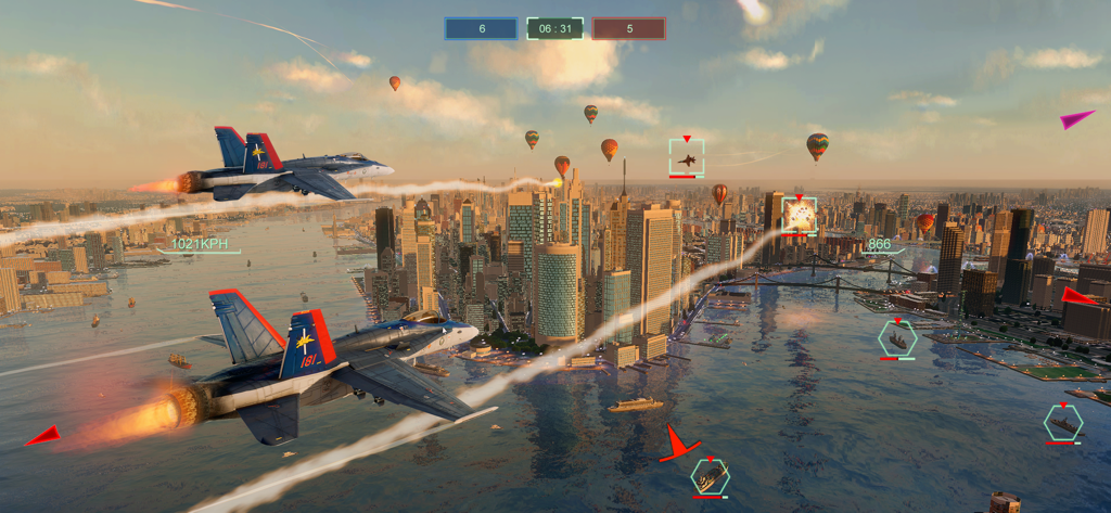 Sky Gamblers - Air Supremacy 2 - Two fighter jets flying over a coastal city with hot air balloons during an aerial dogfight.