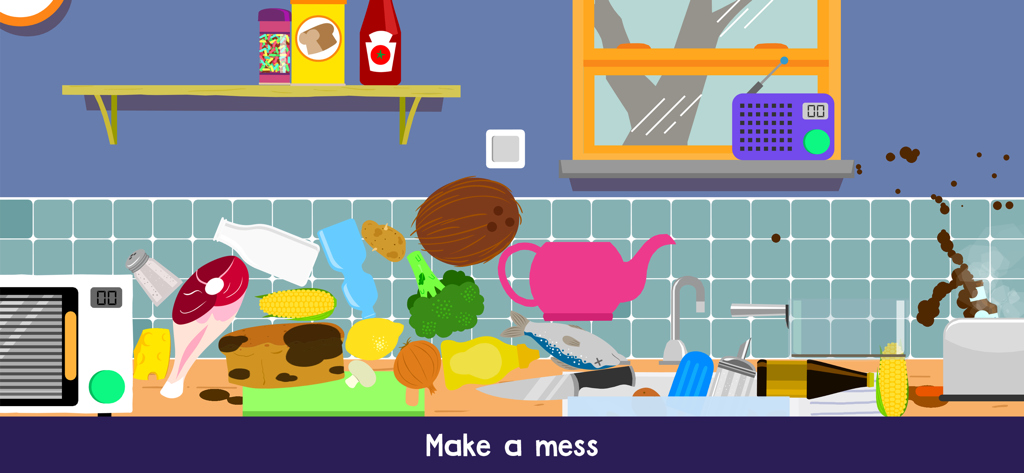 Una colorata scena di cucina in stile cartone animato con vari cibi ed elettrodomestici sparsi sul bancone