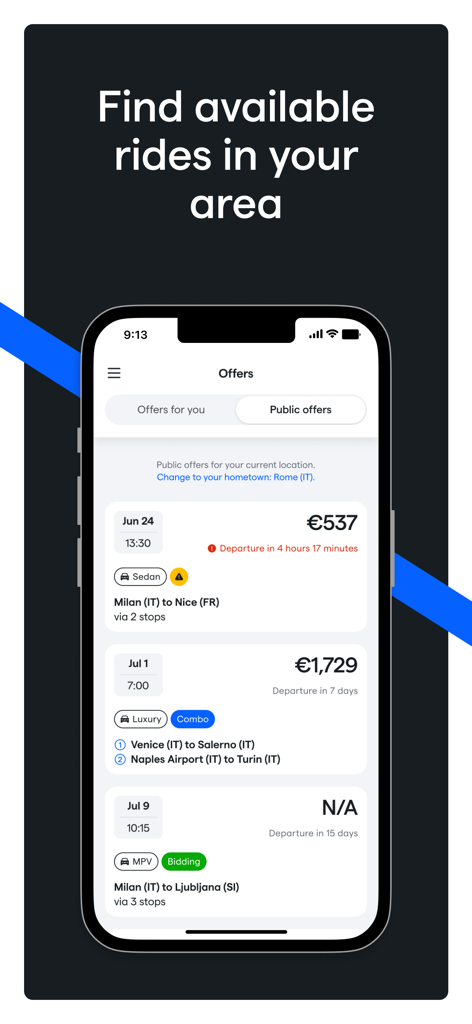 Daytrip Driver - Interfaz de la aplicación Daytrip Driver que muestra una lista de ofertas de viajes de larga distancia bien pagados con horas de salida programadas