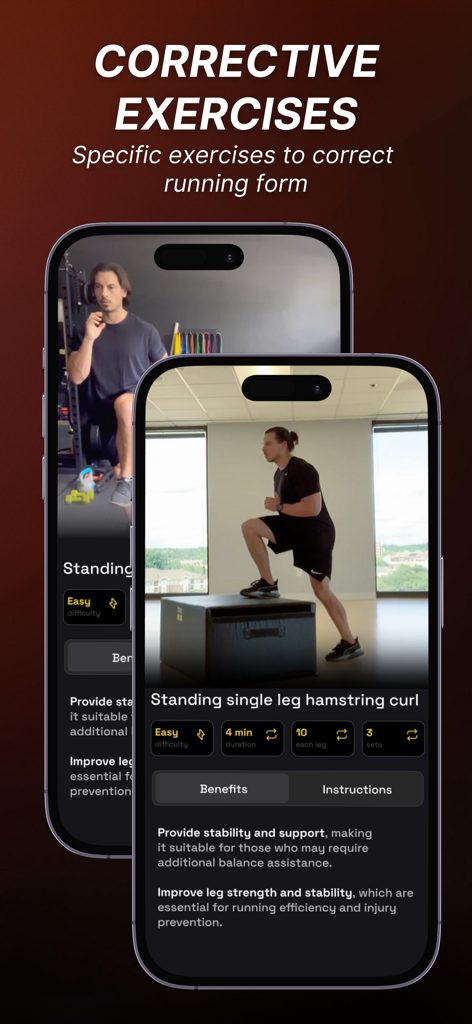 Running & gait analysis - Ochy - Ochy app interface displaying corrective exercises like the standing single leg hamstring curl to improve running form and prevent injury.