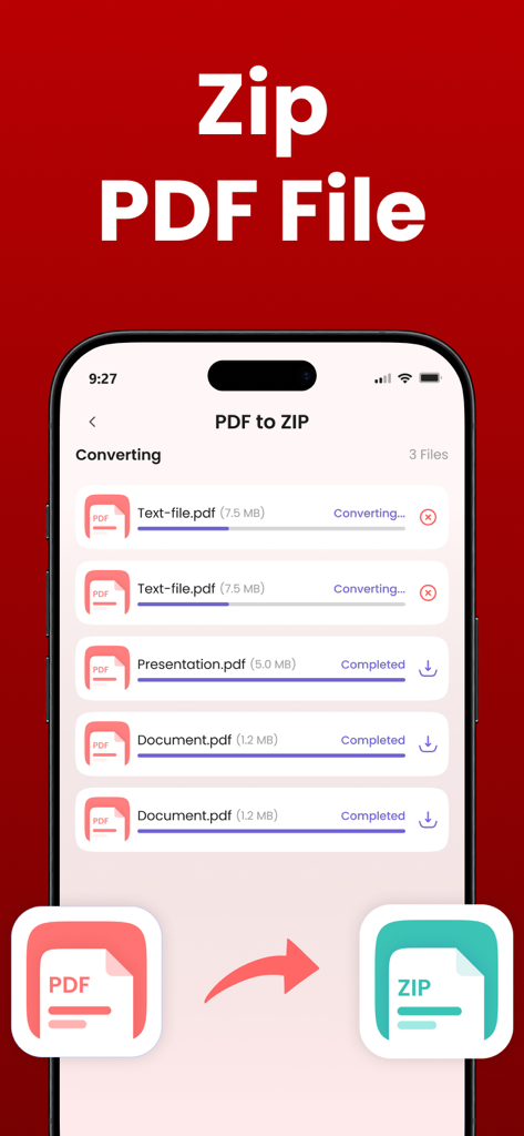여러 PDF 파일을 변환 및 압축하여 ZIP 파일 아카이브로 만드는 기능을 보여주는 모바일 앱 인터페이스