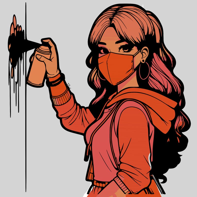 realistic girl with mask spray painting a wall