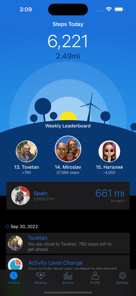 Outwalk - Outwalk app screen showing daily step count and a weekly leaderboard with friend rankings.