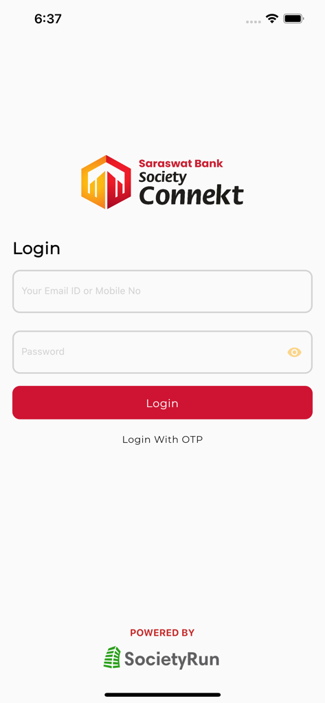 Saraswat Bank Society Connekt - Schermata di accesso a Saraswat Bank Society Connekt con campi di immissione per email e password
