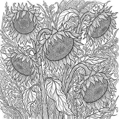 Discover the profound beauty of life's transitions with this intricate adult coloring page featuring wilting sunflowers. This detailed design offers a mindful escape, perfect for seasoned colorists seeking a challenging yet rewarding experience.