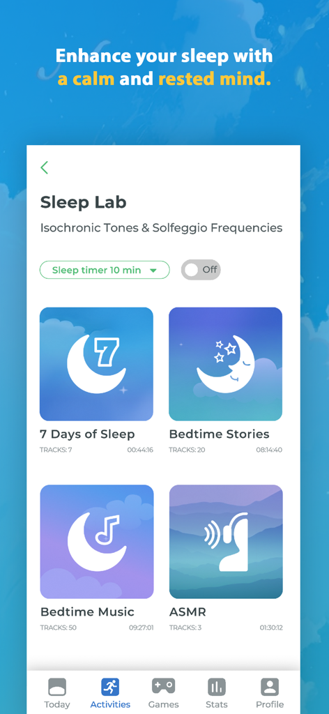 Brainwell Brain Training Games - Brainwell app Sleep Lab interface displaying options for bedtime stories music and ASMR tracks.