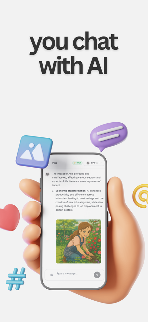 Viro - Eco-Friendly AI - Interface de chat do aplicativo móvel Viro mostrando uma conversa com IA GPT-4 e rastreamento de energia sustentável