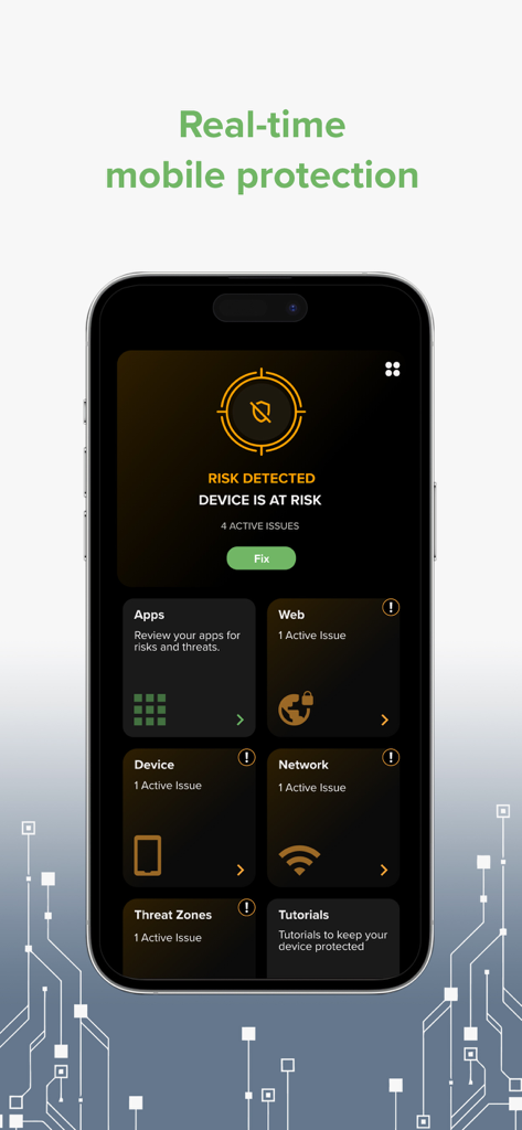 Zimperium MTD - Panel de control de la aplicación Zimperium MTD mostrando una notificación de riesgo de seguridad detectado y categorías de estado de amenaza