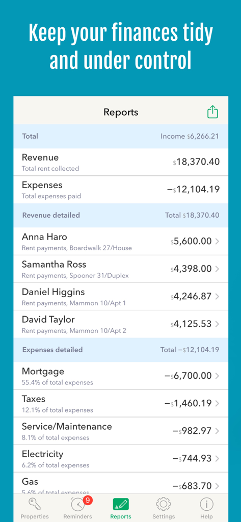 Landlordy Rent Manager - Financial report screen of Landlordy Rent Manager app displaying revenue, expenses, and tenant payment details.