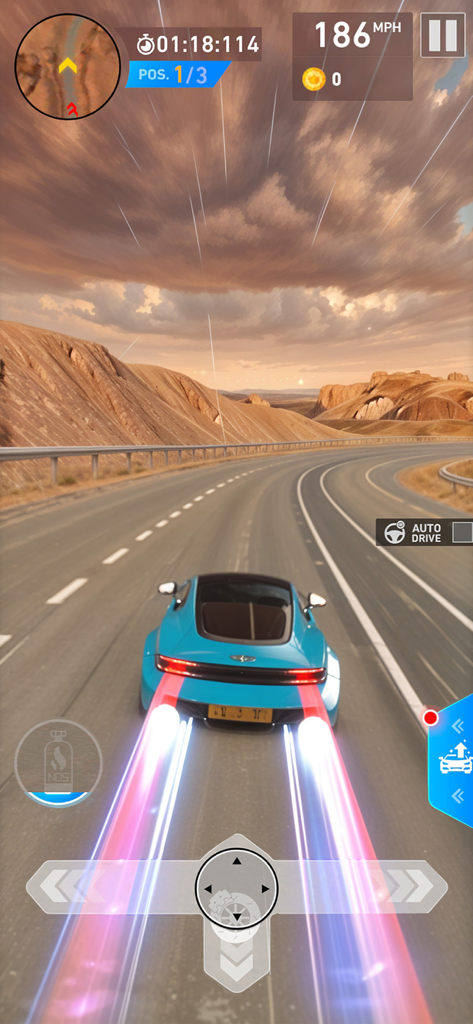 Car Games - Racing Master Pro - Blue sports car using nitro boost on a desert highway at sunset