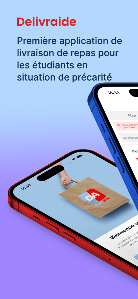 Delivraide - Screenshot of the Delivraide mobile app on two iPhones displaying its meal delivery service for students in need.