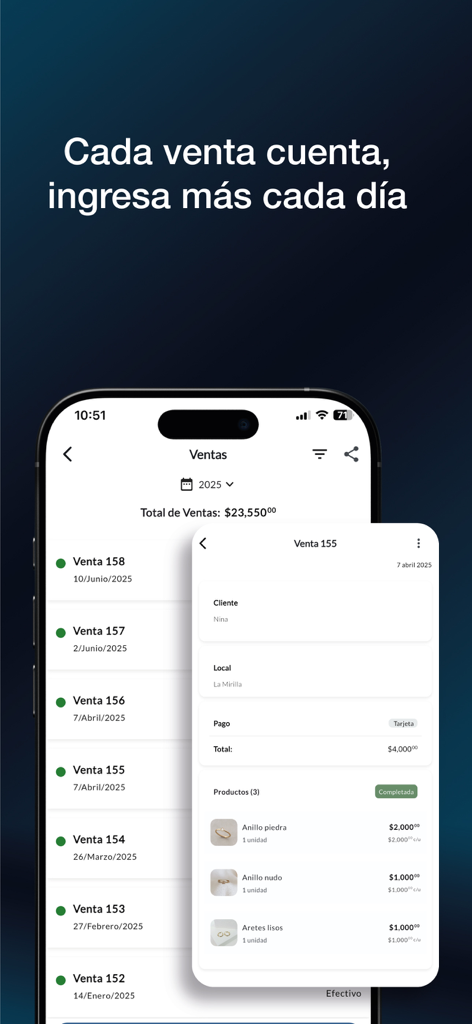 Interface do aplicativo Savi exibindo uma lista de vendas e uma visualização detalhada de um recibo de pedido de joias.