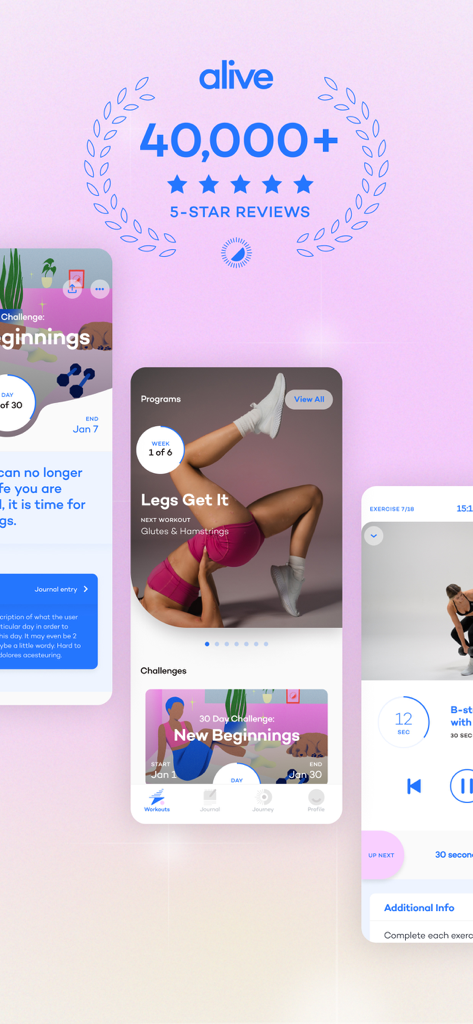 Alive by Whitney Simmons fitness app interface showing workout programs and five star reviews