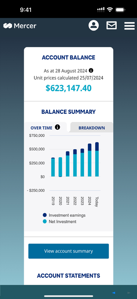 Mercer NZ - Captura de pantalla de la aplicación Mercer NZ que muestra un saldo de cuenta y un gráfico de barras que ilustra el crecimiento de la inversión a lo largo del tiempo