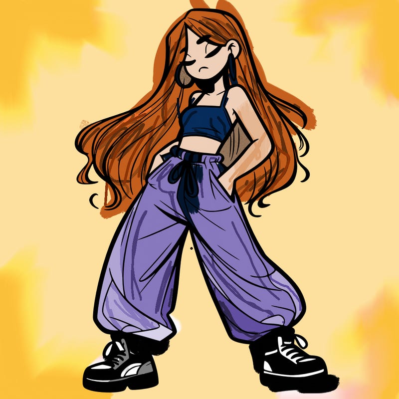 girl in baggy pants crop top and long hair