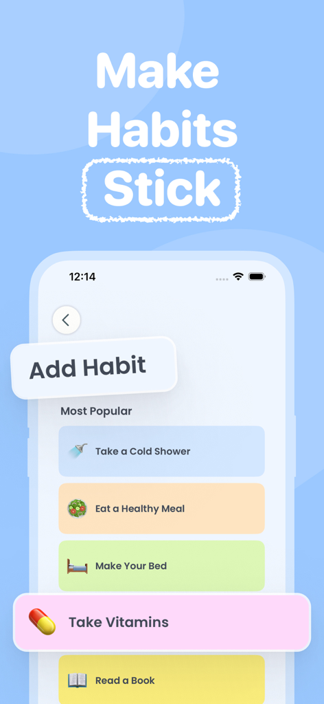 Captura de pantalla de la app EvolveMe que muestra la pantalla Agregar Hábito con tareas populares como Comer una Comida Saludable y Tomar Vitaminas