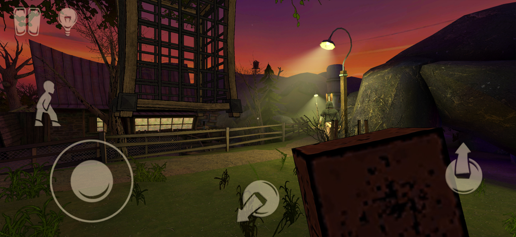 Horror Tale 1: Scary Kidnapper - First person gameplay of Horror Tale 1 showing a masked antagonist standing near a street lamp at sunset