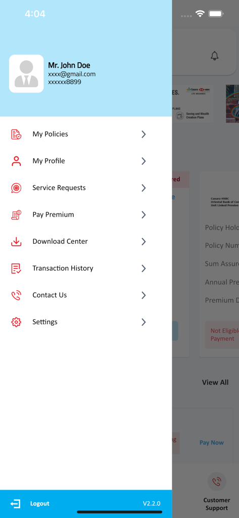 Canara HSBC Life - Side navigation menu of the Canara HSBC Life app showing options like My Policies Pay Premium and Download Center