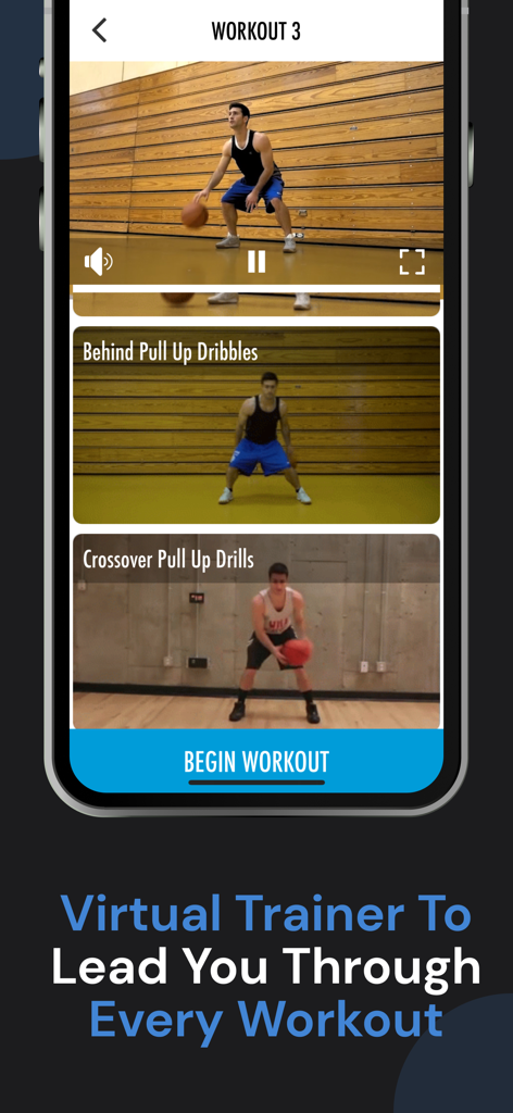 Basketball Training & workouts - Interfaz de aplicación móvil que muestra ejercicios de dribling de baloncesto con un entrenador virtual