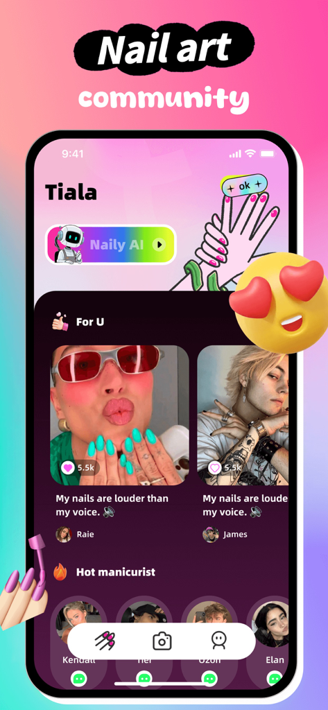 Tiala app interface showing a social feed of nail art designs and the Naily AI feature.