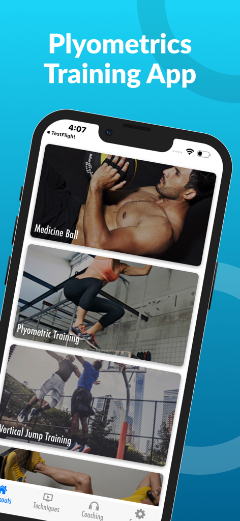 Plyometric Training Workouts - Écran de smartphone affichant différentes catégories d'entraînement dans l'application d'entraînement pliométrique