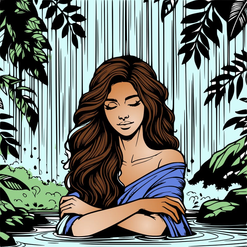 realistic female model under waterfall