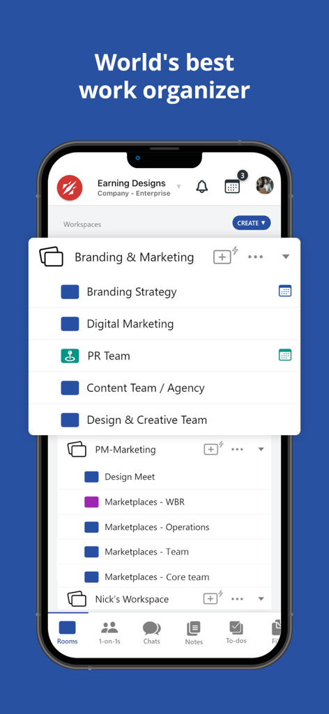 Qik Office - Qik Office mobile app interface showing organized workspaces for branding and marketing teams