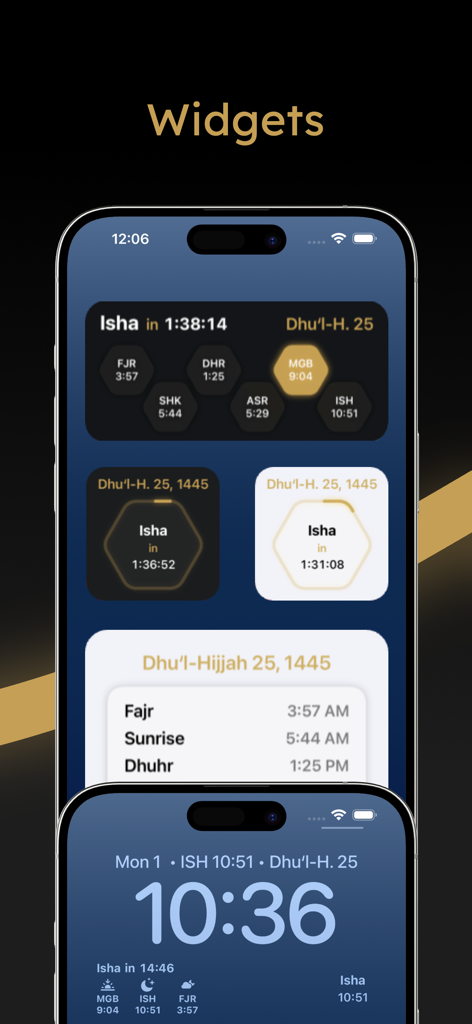 Uma coleção de widgets minimalistas de horário de oração para o aplicativo Ihsan em uma tela de iPhone mostrando os próximos horários de oração e uma contagem regressiva para Isha.