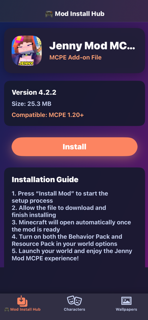Jenny Addon MC - Installation interface for the Jenny Addon MC app showing a guide and install button
