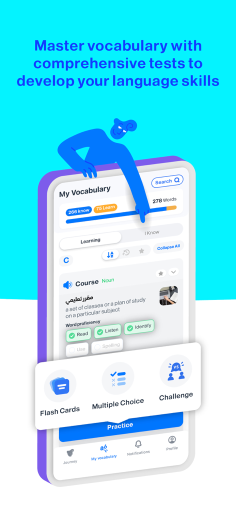 Learn English Easily - iStoria - Interfaz de la aplicación iStoria que muestra el seguimiento del progreso del vocabulario y modos de práctica como tarjetas de memoria y pruebas de opción múltiple